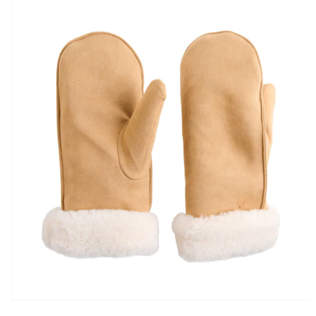 A pair of tan faux-suede winter mittens with white faux-fur trim, shown from both the front and back views on a plain white background.