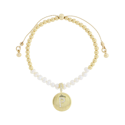 Freshwater Pearl and Crystal Loop with Pave Crystal "P" Disc Bracelet