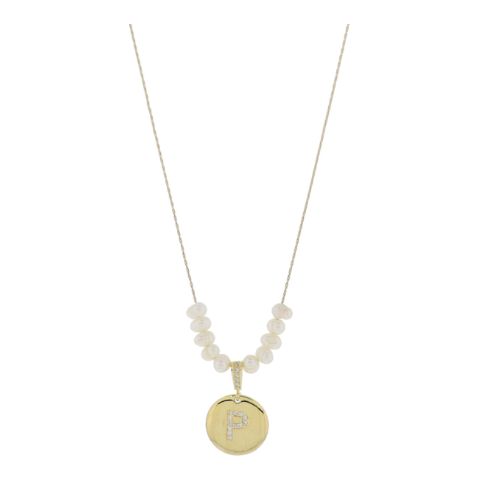 Freshwater Pearl and Crystal Loop with "P" Initial Gold Necklace