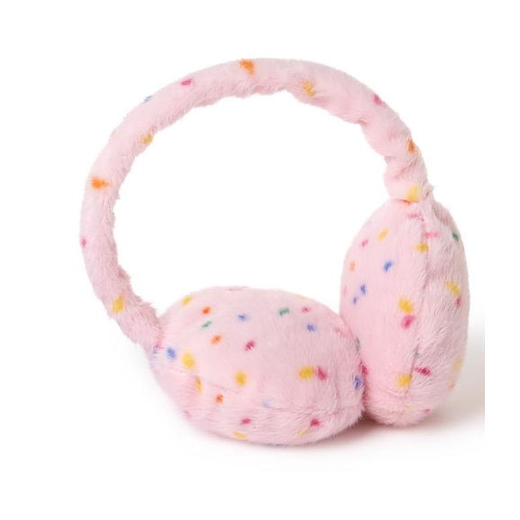Pink ear muffs with colorful sprinkles on a white background