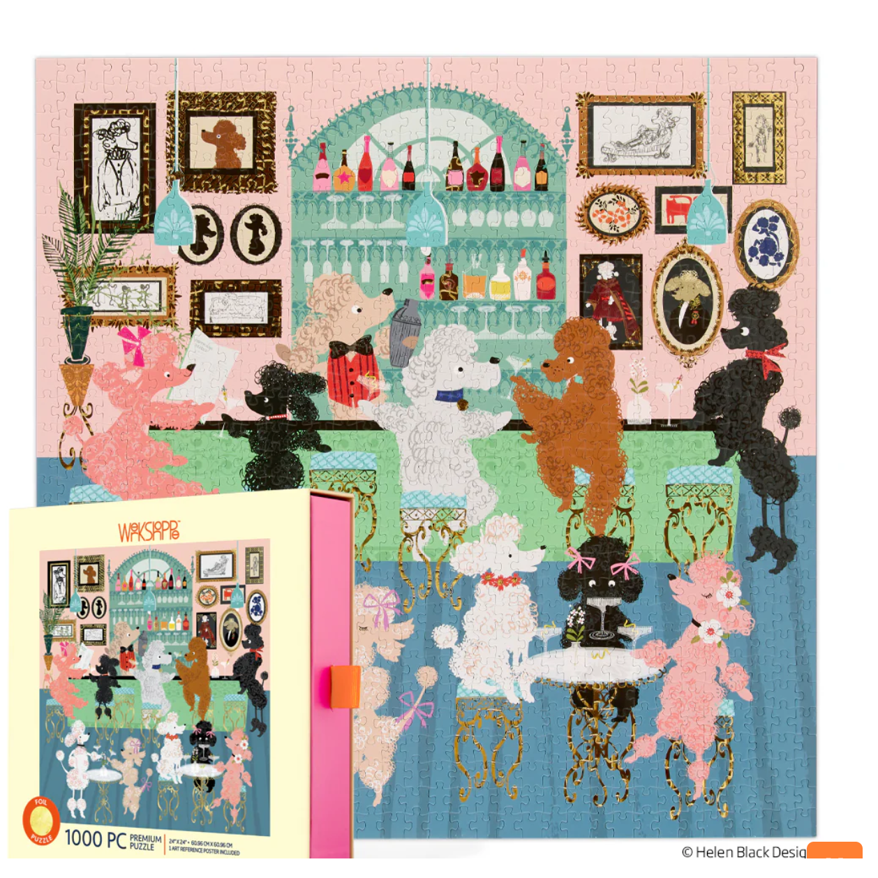 Puzzle box with a colorful illustration of dogs in a bar setting, featuring a pink border.