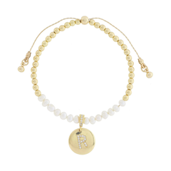 Freshwater Pearl and Crystal Loop with Pave Crystal "R" Disc Bracelet