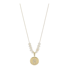Freshwater Pearl and Crystal Loop with "R" Initial Gold Necklace