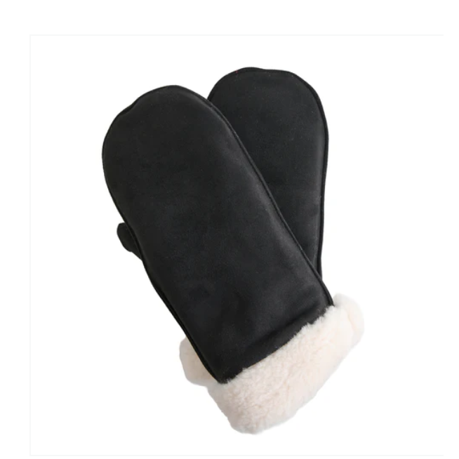 Black faux-suede winter mittens with a soft white shearling-style cuff, shown on a plain white background.
