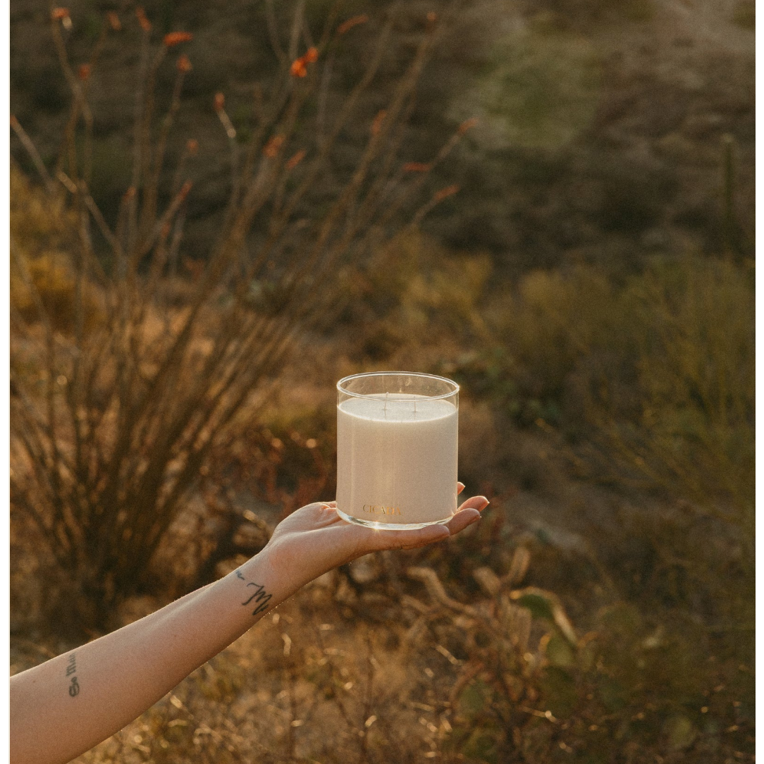 A hand holding a clear glass jar candle with white wax, set against a blurred outdoor background of dry grass and warm sunlight.