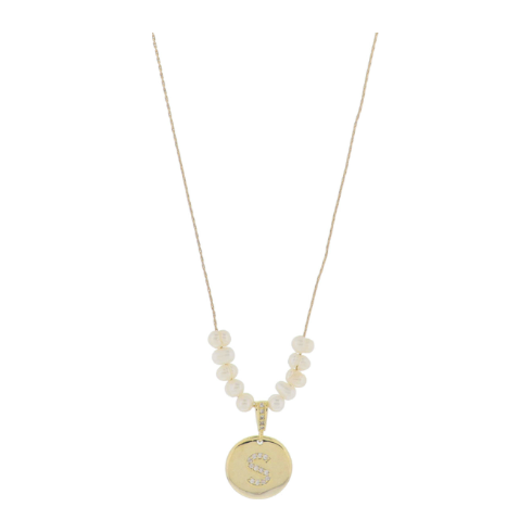 Freshwater Pearl and Crystal Loop with "S" Initial Gold Necklace