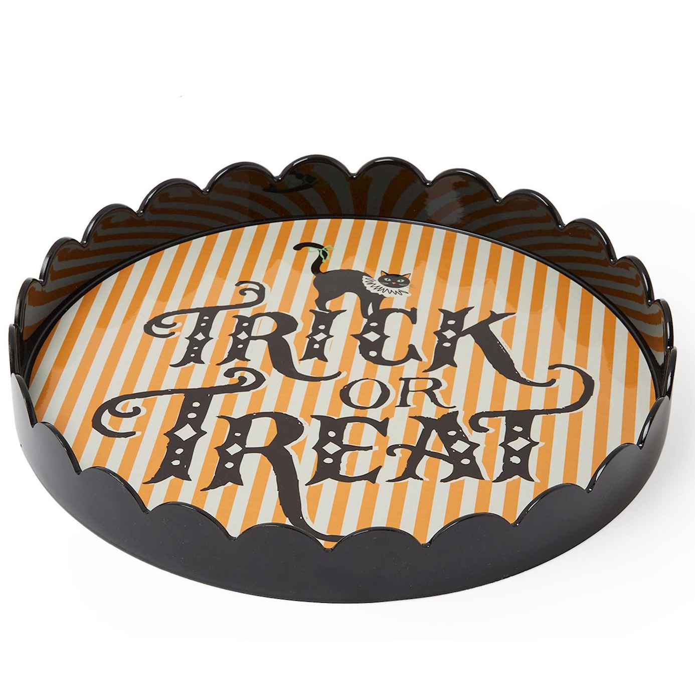 An oval Halloween tray with a black scalloped rim and a printed interior featuring orange and white vertical stripes, black decorative lettering that reads 'TRICK OR TREAT,' and a small black cat silhouette.