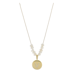 Freshwater Pearl and Crystal Loop with "V" Initial Gold Necklace