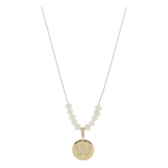 Freshwater Pearl and Crystal Loop with "W" Initial Gold Necklace