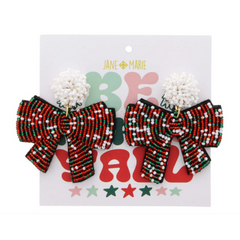 White Beaded Post with Red, Green, White Beaded Bow Earrings