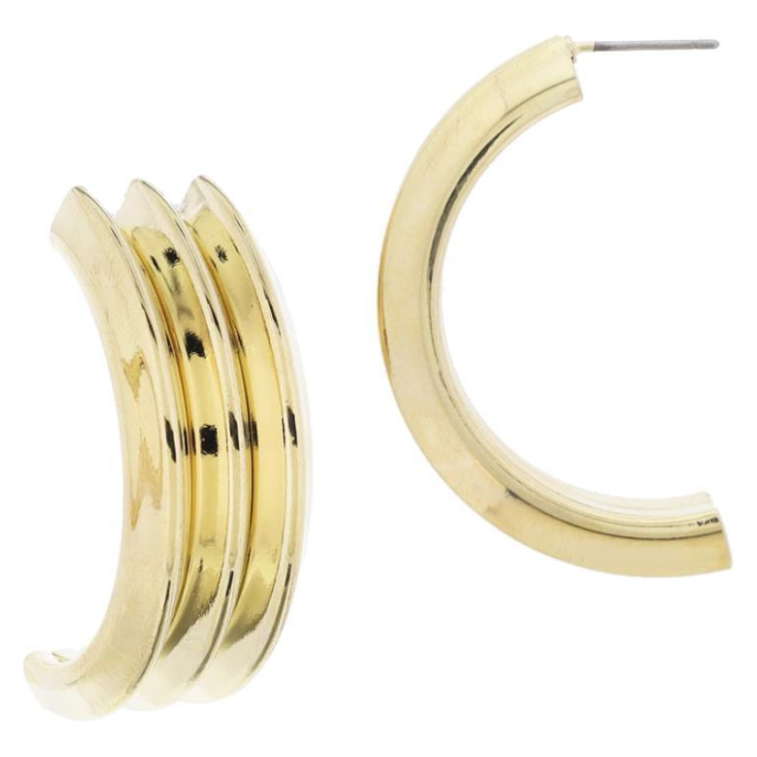 Wide Gold Triangular Ridged Half Hoop Earrings
