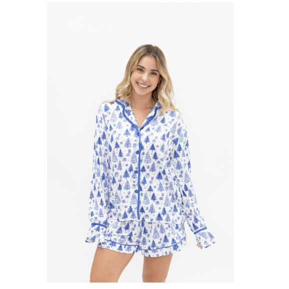 Adult Blue Trees Pajama Set - White Farmhouse Flowers
