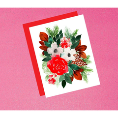 Holiday Festive Floral Watercolor Greeting Card | Hand-Painted Red Bouquet