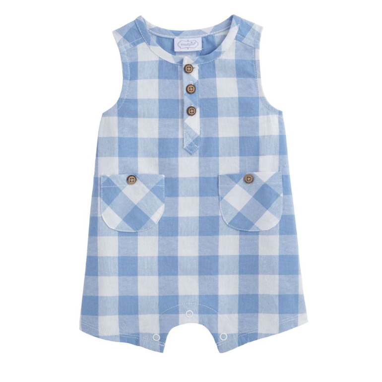 Blue and white checkered romper with button details on a white background