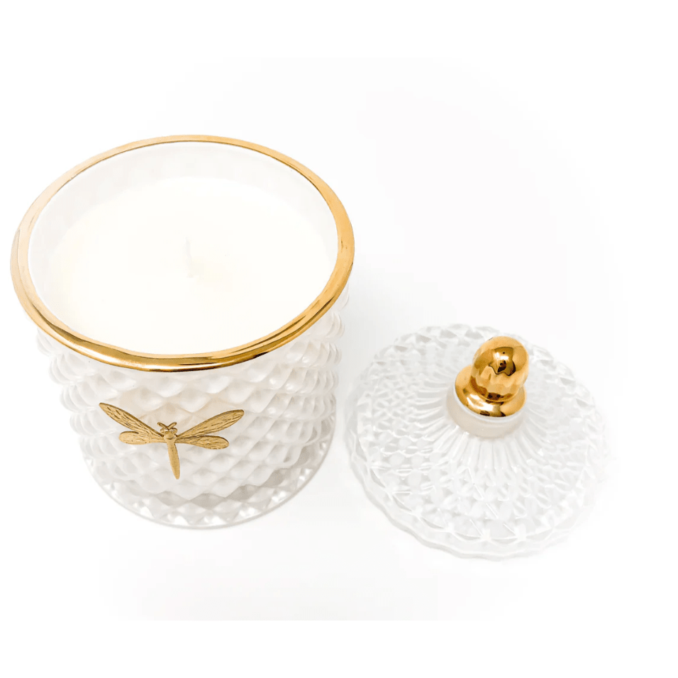 Bella Candle - White and Gold - Scent White Tea+ Jasmine - White Farmhouse Flowers