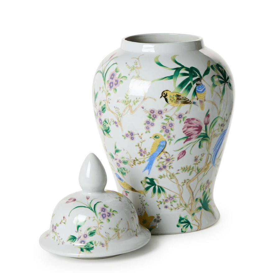 Bird and Blossom Chinoiserie Covered Temple Jar - 18" - White Farmhouse Flowers