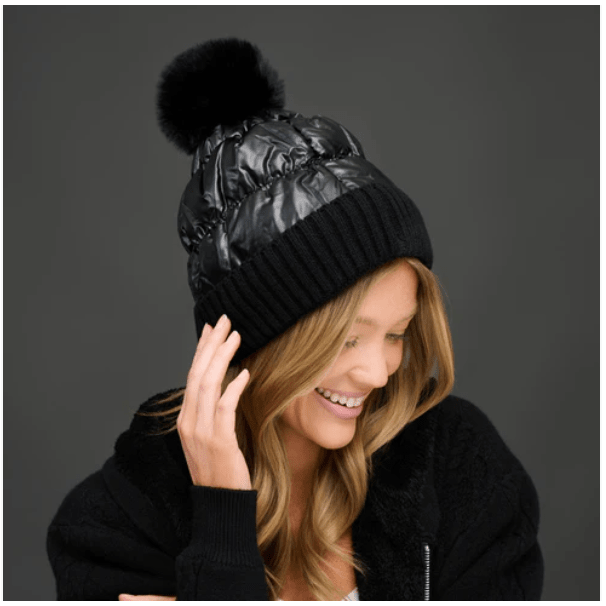 Black Metallic Puffer Pom Beanie - White Farmhouse Flowers