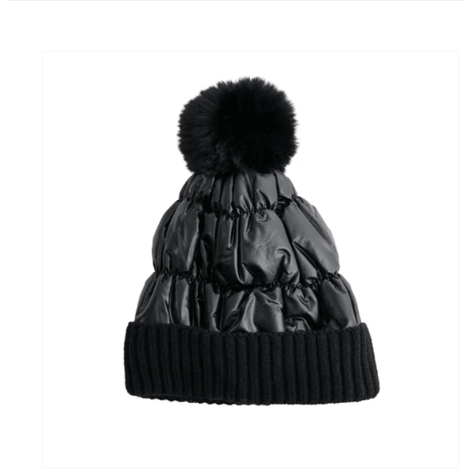 Black Metallic Puffer Pom Beanie - White Farmhouse Flowers