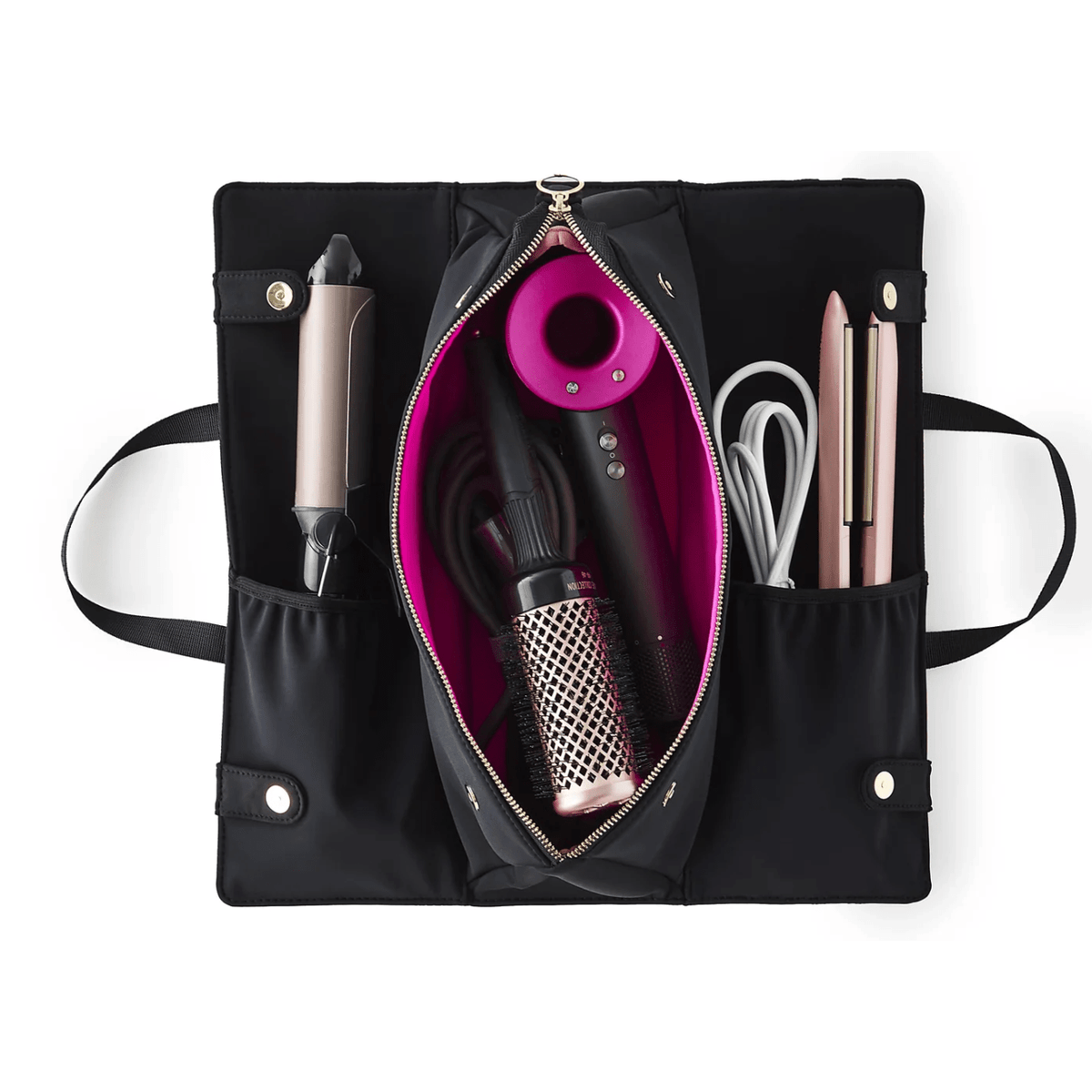 Black with Pink Interior Hair Tool Bag - White Farmhouse Flowers
