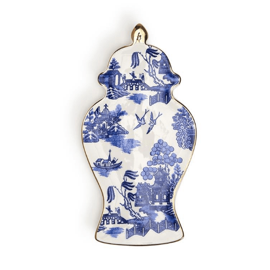 Blue and White Ginger Jar Trinket Tray with Gold Accent - White Farmhouse Flowers