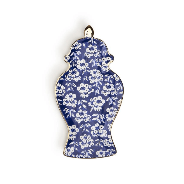 Blue and White Ginger Jar Trinket Tray with Gold Accent - White Farmhouse Flowers