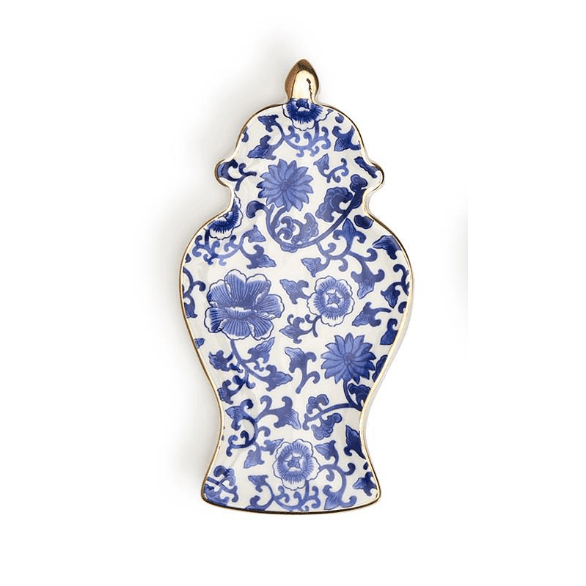 Blue and White Ginger Jar Trinket Tray with Gold Accent - White Farmhouse Flowers