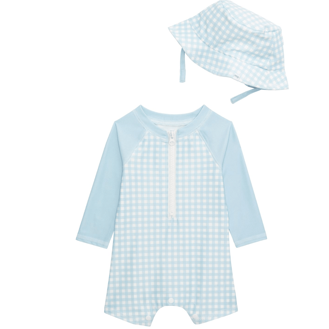 Blue Baby Gingham Rashguard Swimsuit - White Farmhouse Flowers