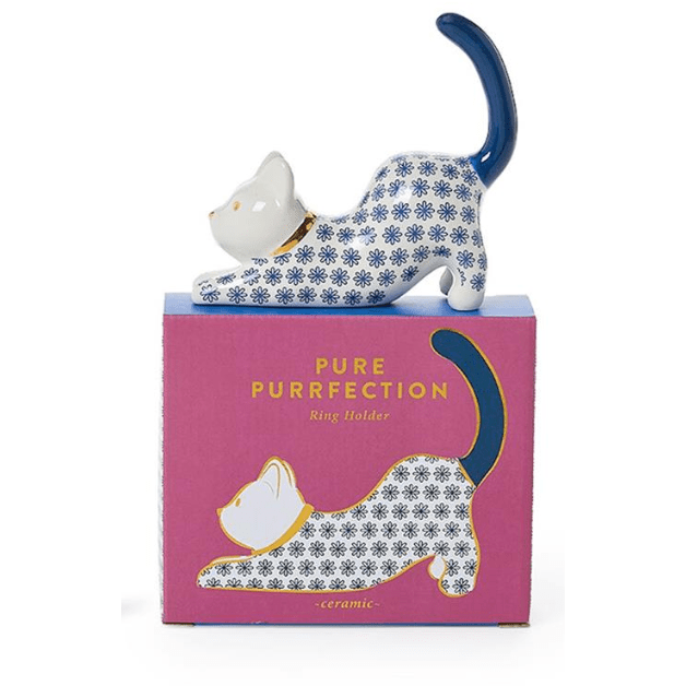Blue Cat Ceramic Ring Holder - White Farmhouse Flowers