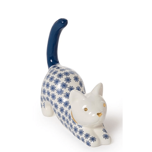 Blue Cat Ceramic Ring Holder - White Farmhouse Flowers