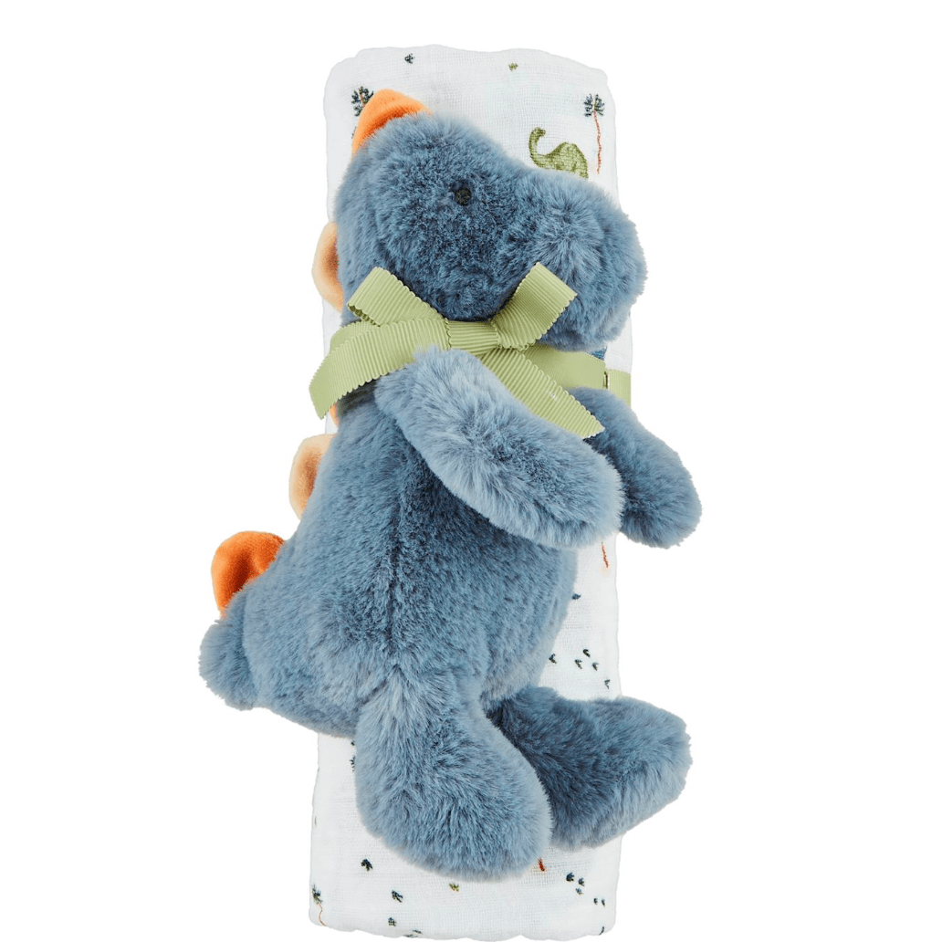 Blue Dino Swaddle & Rattle Set - White Farmhouse Flowers