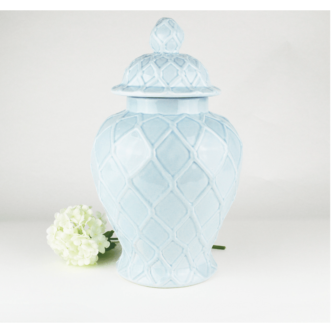 Blue Extra Large Textured Ginger Jar - White Farmhouse Flowers