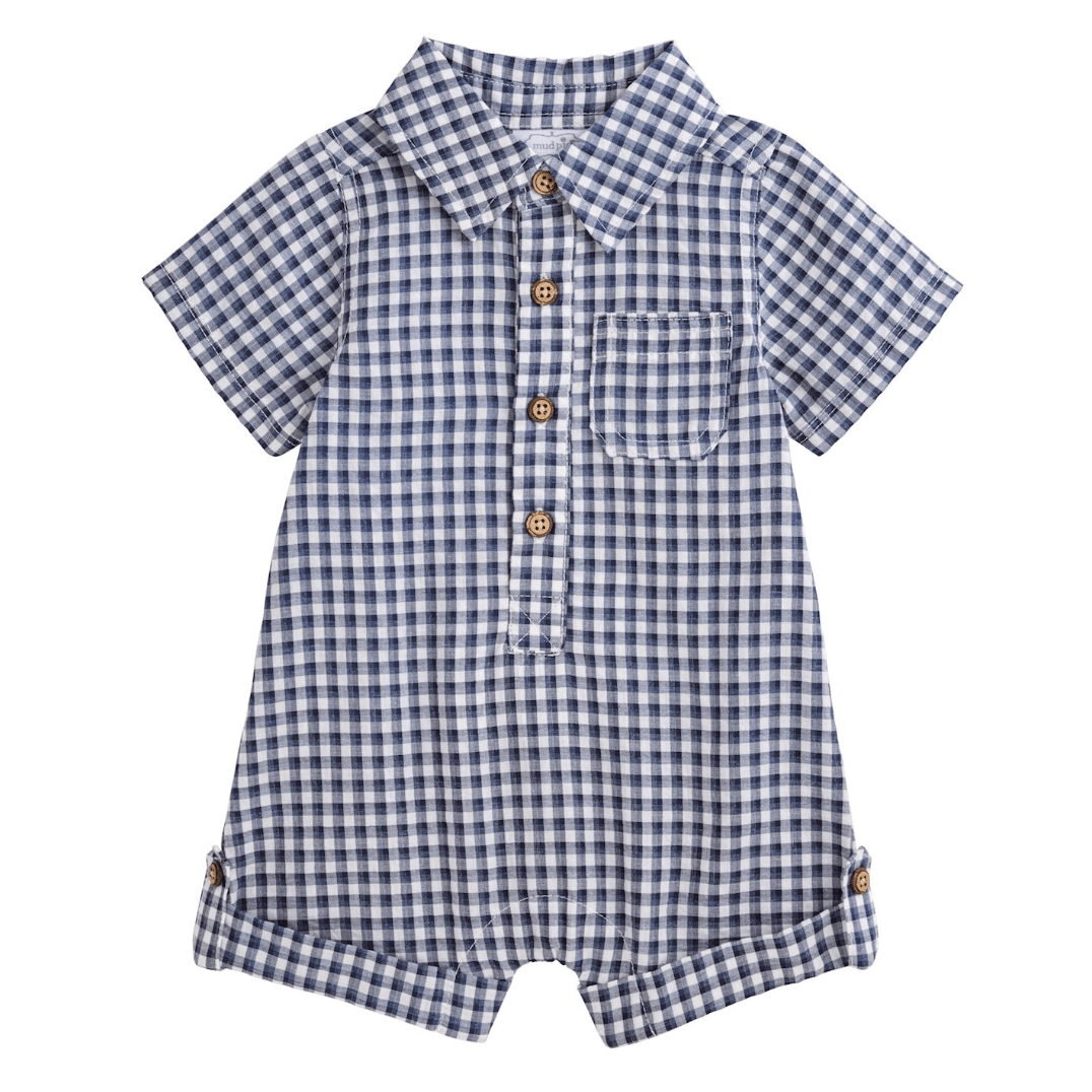 Blue Gingham Baby Shortall - White Farmhouse Flowers