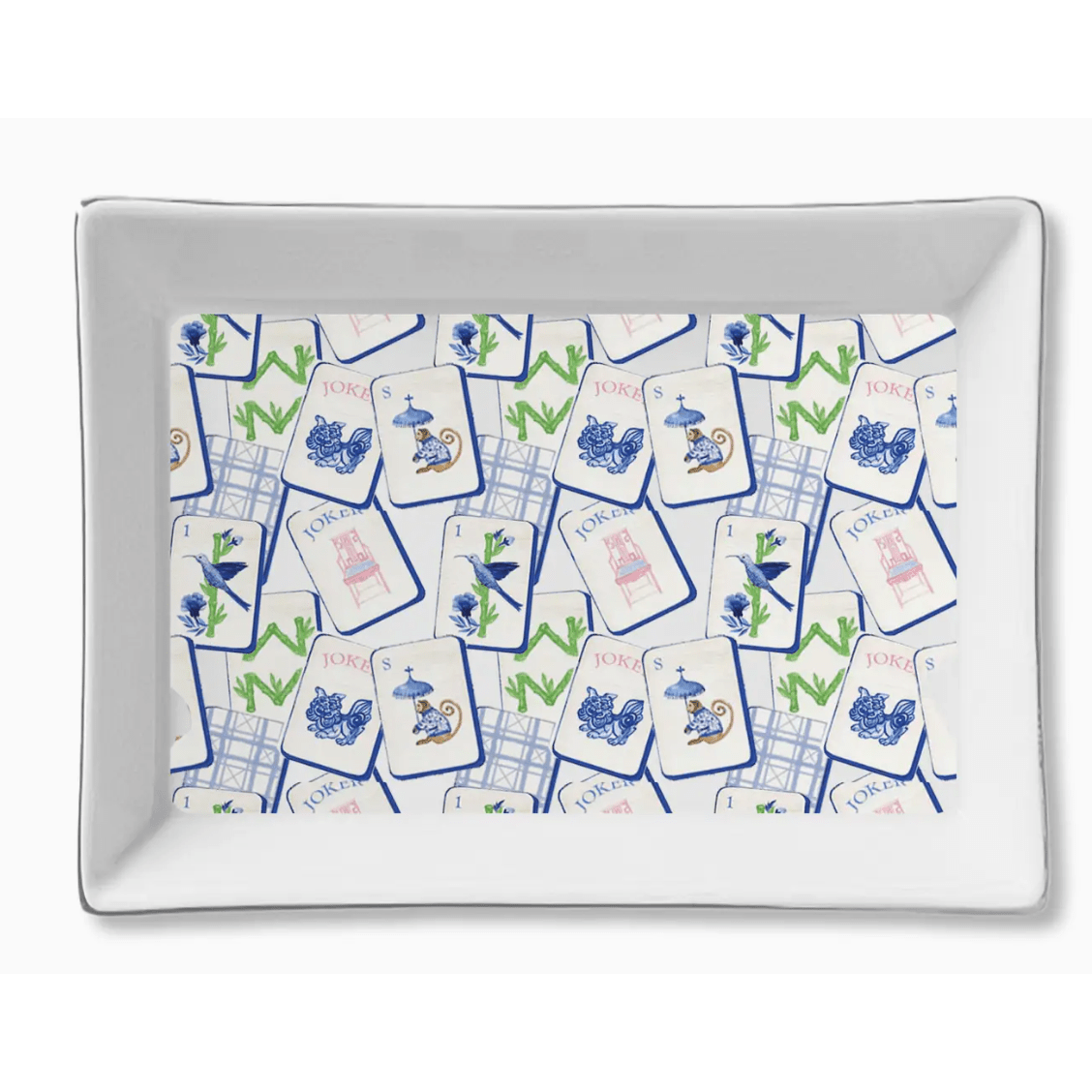Blue Mahjong Ceramic Tray - White Farmhouse Flowers