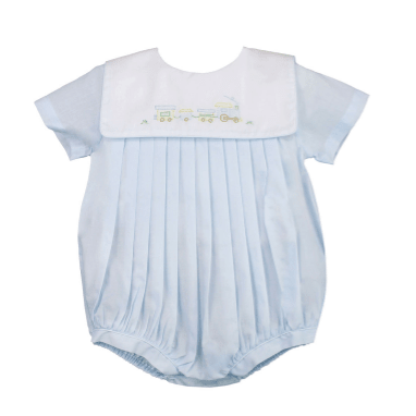 Blue Romper and Hat With Train Embroidery - White Farmhouse Flowers