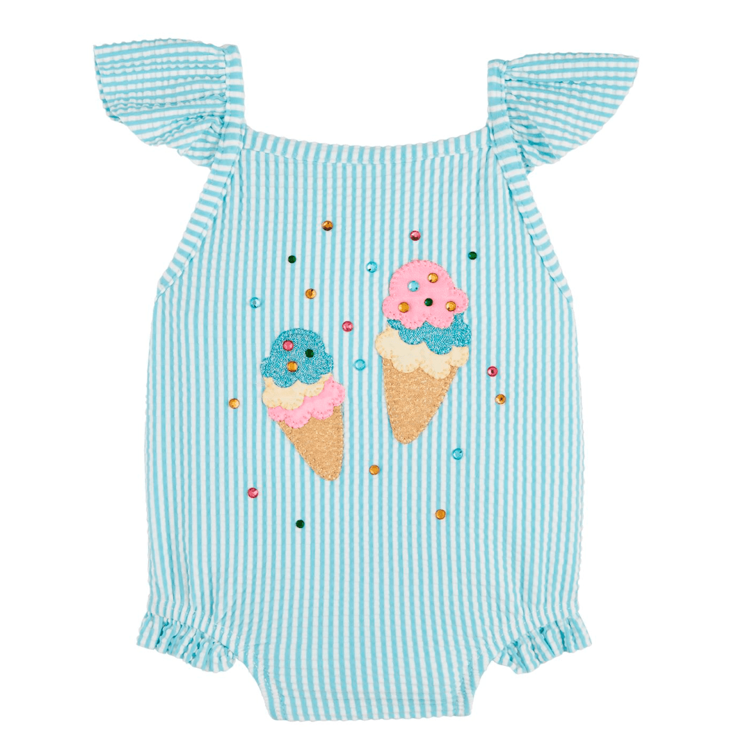 Blue Seersucker Ice Cream Swimsuit - White Farmhouse Flowers