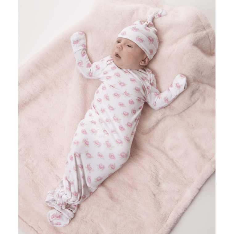 Blushing Blossom Knotted Sack Gown & Hat 0 - 3 Months - White Farmhouse Flowers