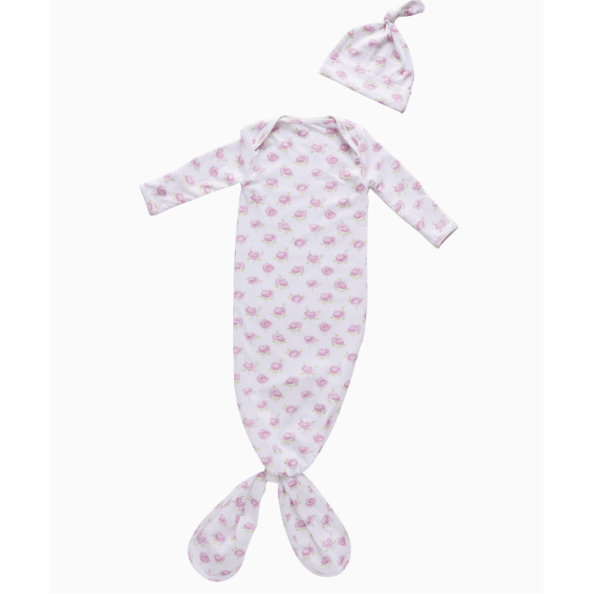 Blushing Blossom Knotted Sack Gown & Hat 0 - 3 Months - White Farmhouse Flowers