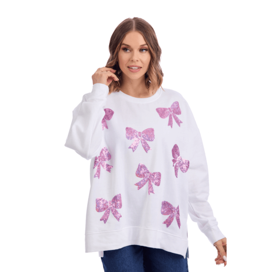 Bow Sparkle Sweatshirt - White Farmhouse Flowers