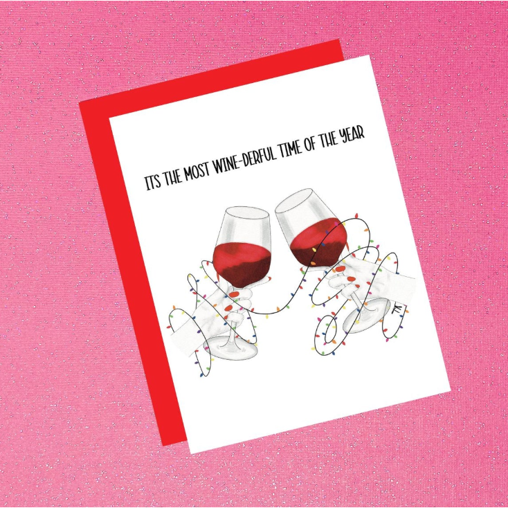 Card with wine glasses and text on a pink background