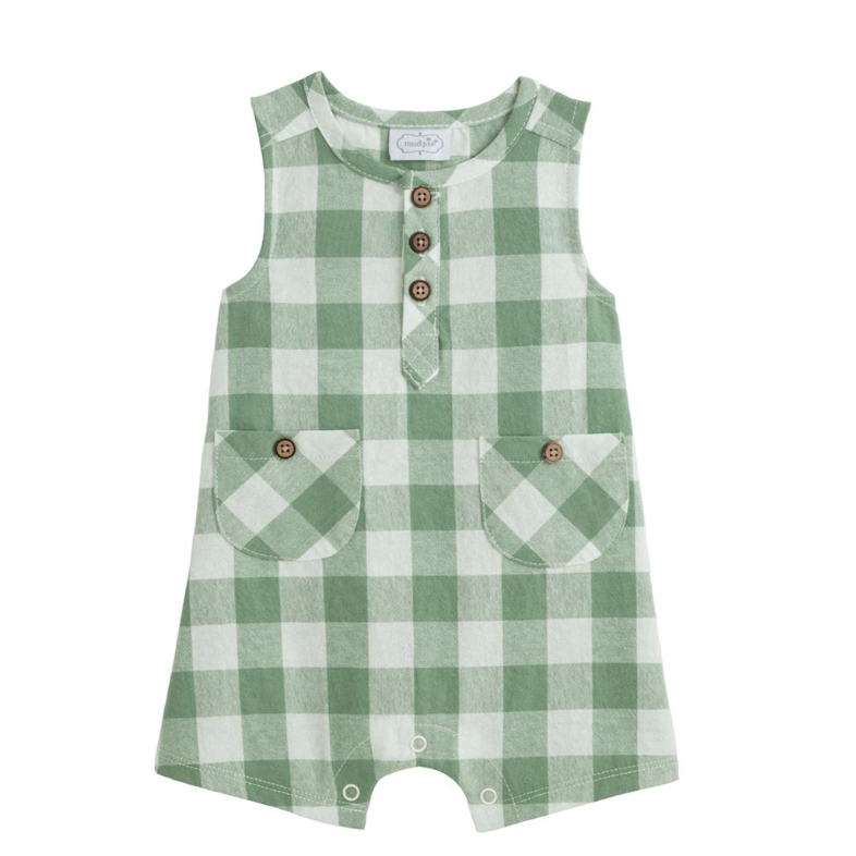 Green and white checkered romper with button details on a white background