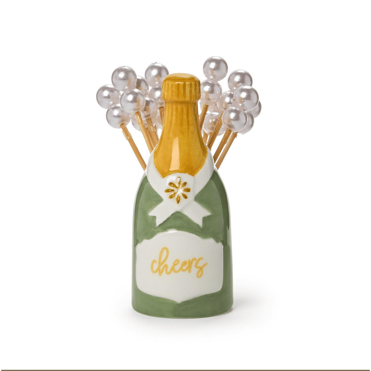 Champagne Bottle Pick Holder with 20 Pearl Cocktail Picks - White Farmhouse Flowers