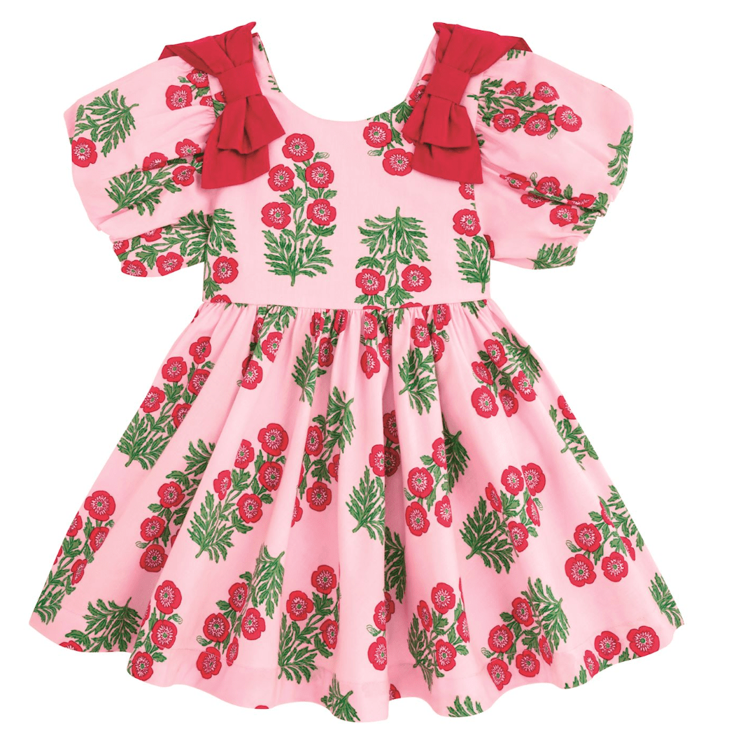 Christmas Block Print Bow Dress - White Farmhouse Flowers