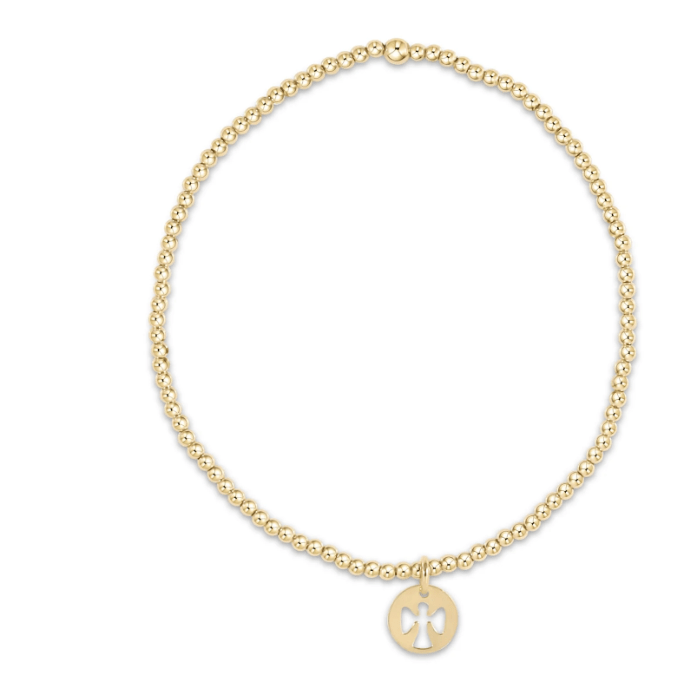 Classic Gold 2mm Bead Bracelet - Guardian Angel Small Gold Disc - White Farmhouse Flowers