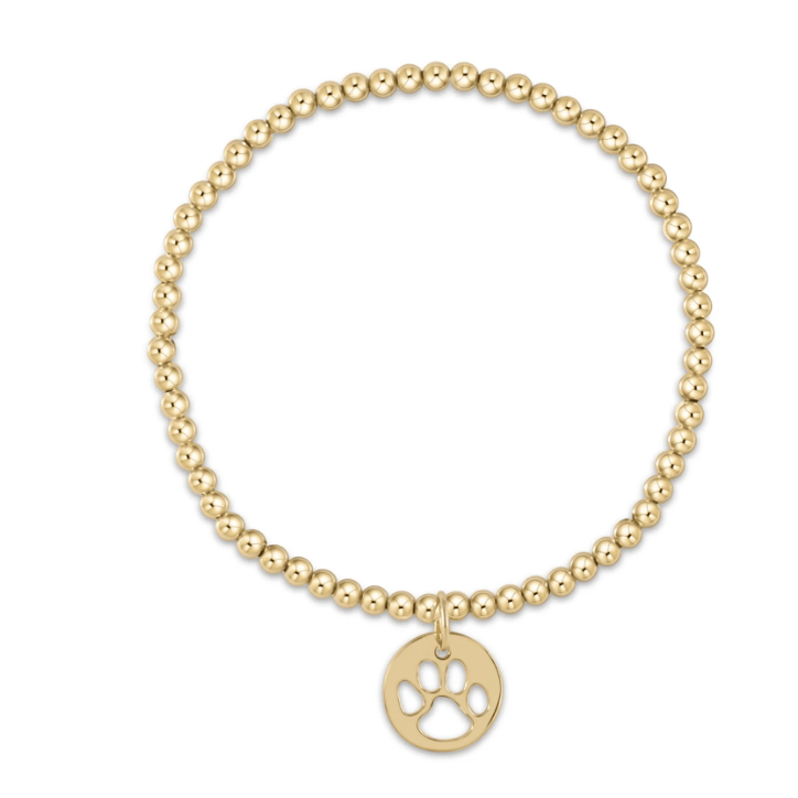 Classic Gold 3mm Bead Bracelet - Paw Print Gold Disc - White Farmhouse Flowers