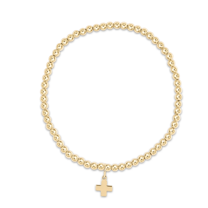 Classic Gold 3mm Bead Bracelet - Sgnature Cross Gold Charm - White Farmhouse Flowers