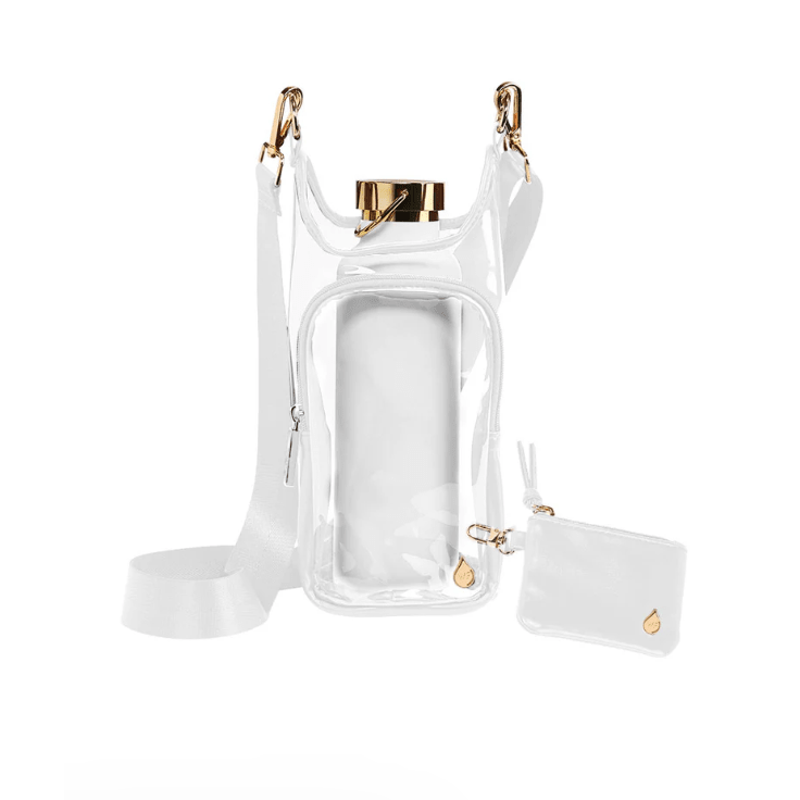 Clear HydroBag® Stadium with White Vegan Leather Trim and Matching RFID Pouch - White Farmhouse Flowers