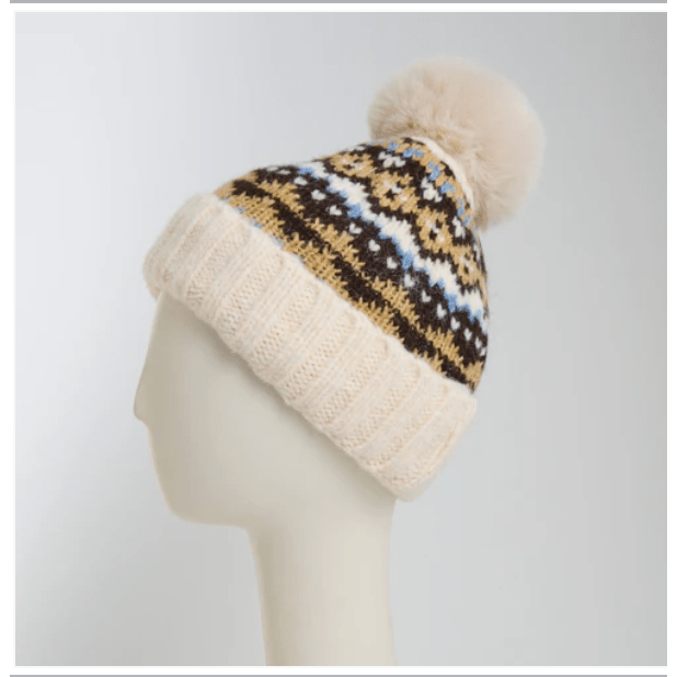Cloud Aspen Fair Isle Pom Beanie - White Farmhouse Flowers