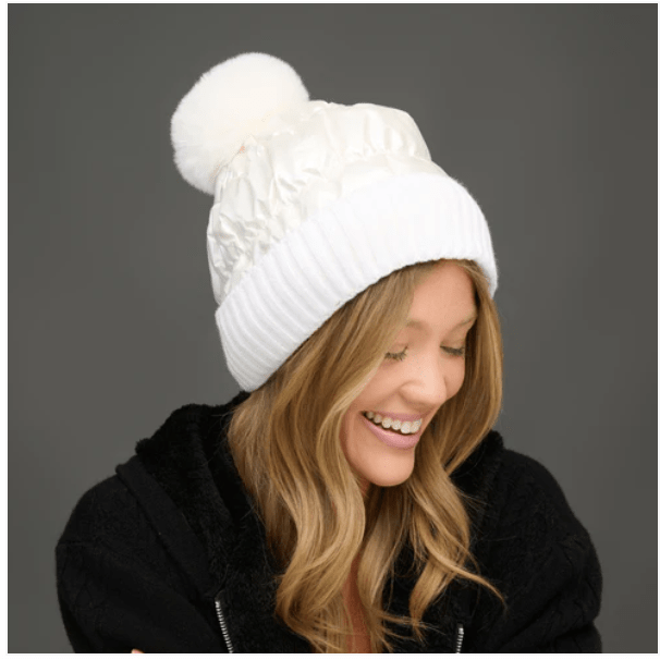 Cloud Metallic Puffer Pom Beanie - White Farmhouse Flowers