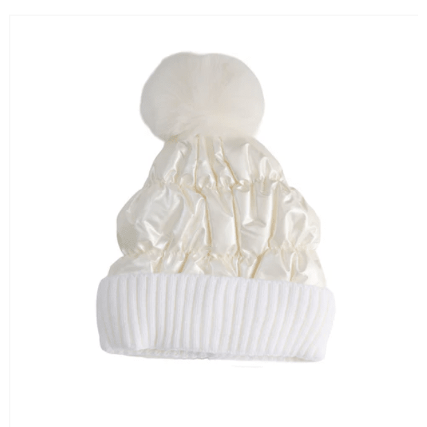 Cloud Metallic Puffer Pom Beanie - White Farmhouse Flowers
