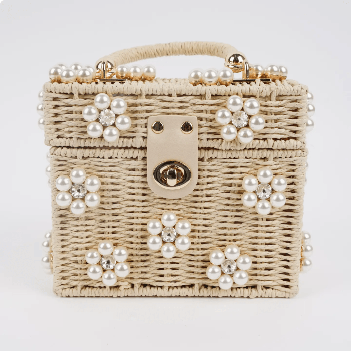 Cream with Pearl Daisy Wicker Bucket Purse - White Farmhouse Flowers